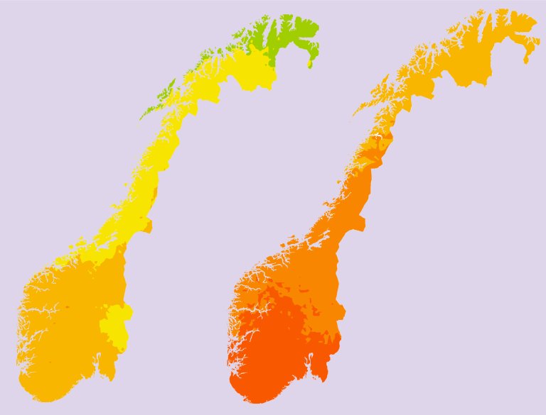 The map shows UV index for a sunny day during spring and summer, respectively.