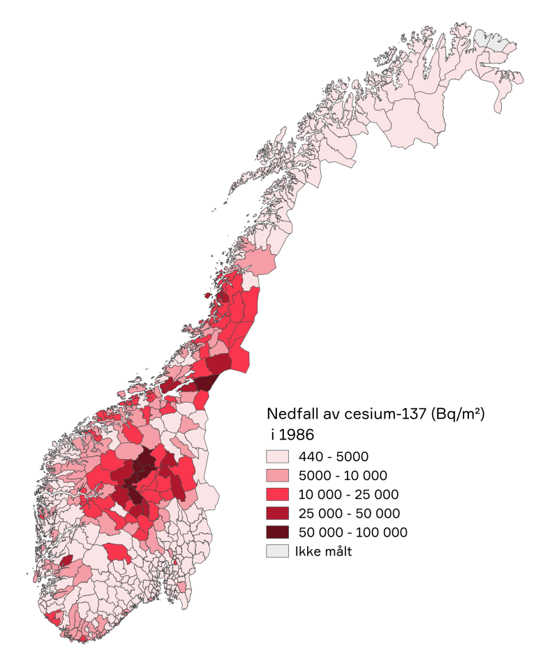 Kart over Norge som viser nedfall av cecium-137 i 1986